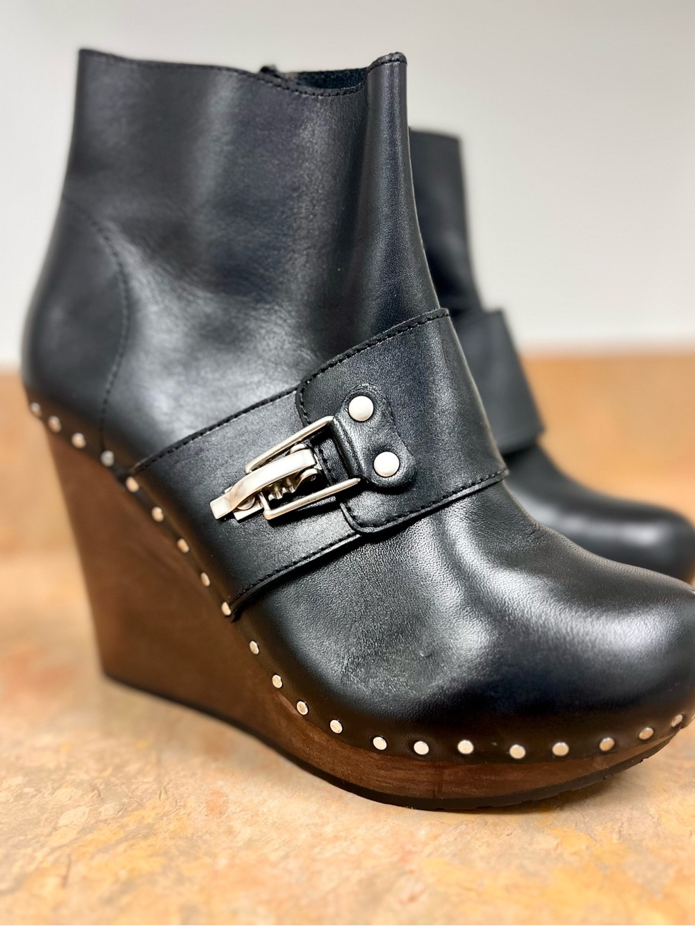 See by Chloe Black Leather Wedge Ankle Boots with Buckle women size 39 US 8-8.5